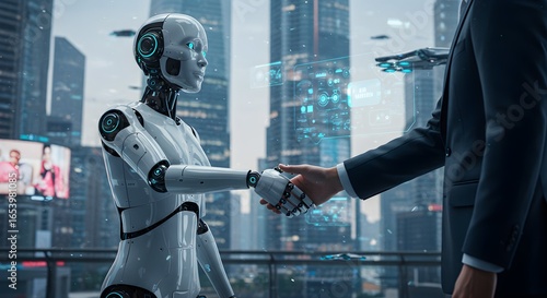 Robot and Businessman Shaking Hands in Futuristic Cityscape Symbolizing AI Integration in Business