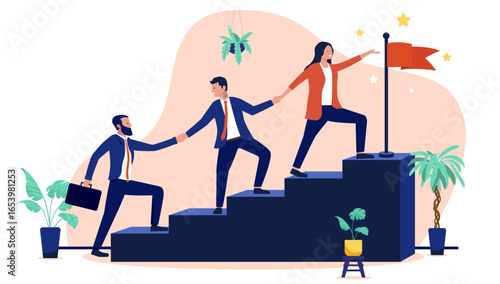A business team of people climbing a staircase, helping each other to reach the top where a flag and a star symbolise business success, achievement, and growth, flat design vector illustration