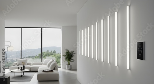 Luxurious modern living room interior with minimalist design, innovative vertical LED wall lighting, and a panoramic window view.