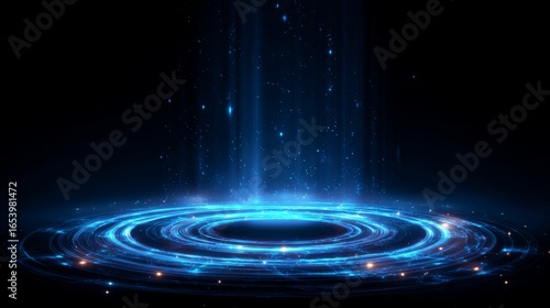 Blue hologram portal with glowing magic circle teleport effect, futuristic sci-fi round podium with abstract high tech holographic lights, digital fantasy technology design element in circular shape