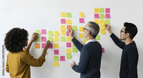 Team Collaboration Diverse Professionals Brainstorming with Sticky Notes on Wall