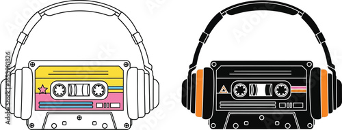 Retro cassette player with headphones music audio illustration