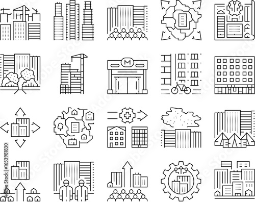 urbanization city development icons set vector