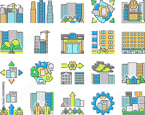 urbanization city development icons set vector