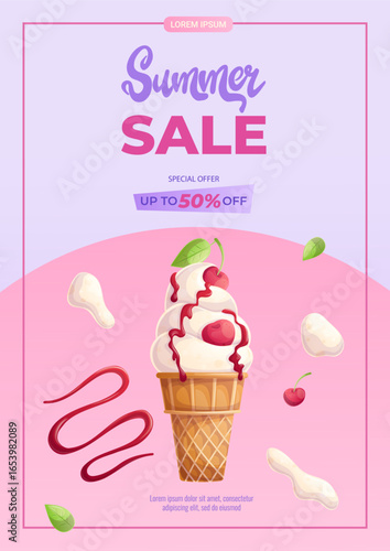 A design template for a summer discount flyer with a waffle cup of creamy ice cream. The concept of summer, summer sale. Vector illustration in A4 format for poster, banner, promotion, advertisement