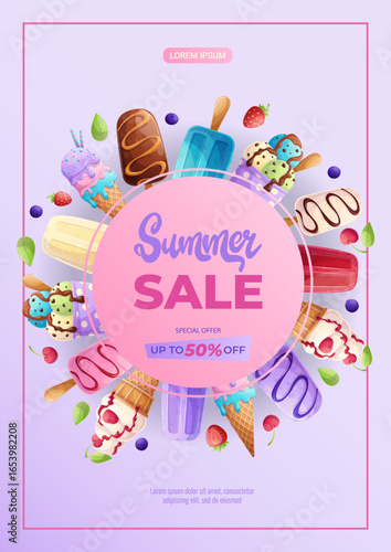 A design template for a summer flyer with various types of ice cream. The concept of sweets, summer, summer sale. Vector illustration in A4 format for posters, banners, promotions, advertisements