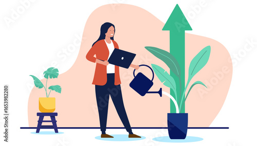 A businesswoman watering a plant that is growing into a large upward arrow, representing financial and business growth and success in a flat design vector illustration