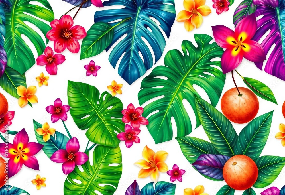 Naklejka premium Vibrant tropical leaves, flowers, and fruits in a repeating pattern on a white background, fruit pattern, leaves