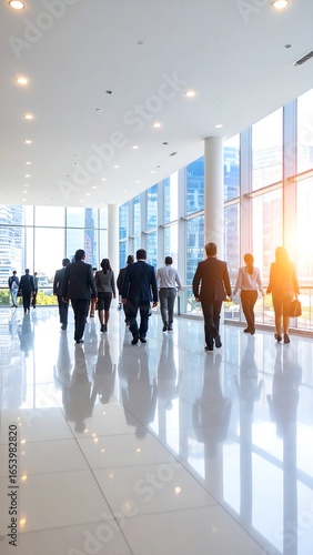 Business people walking in a modern hallway