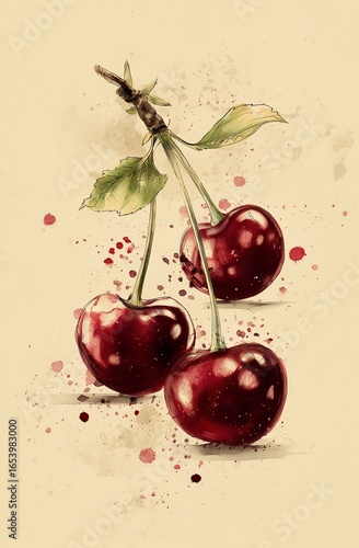 Watercolor Cherry Illustration, Retro Hand - drawn Style, with Branches, Leaves & Ink Splashes, Decorative Painting/Food Cultural & Creative/Design Material
