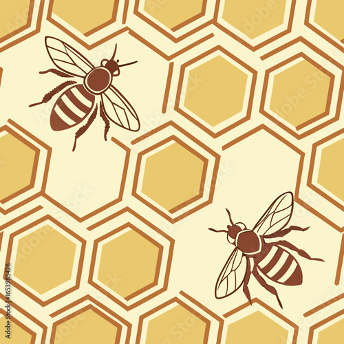 Bees on Honeycomb Seamless Pattern