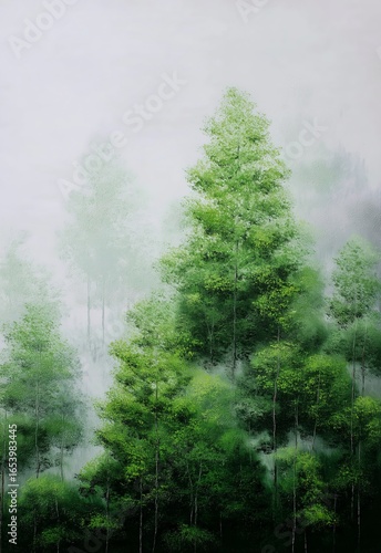 Oil Painting of Green Forest in Fog, Hazy Natural Landscape, Decorative Painting/Art Design/Cultural & Creative Material