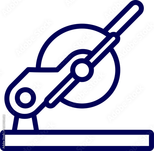 Vector illustration of a circular saw machine outline. Circular saw isolated on white background for carpentry work. Circular saw with wooden plank line icon, woodwork concept.