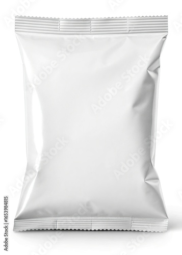 Blank white foil snack bag packaging mockup isolated on white background for product design