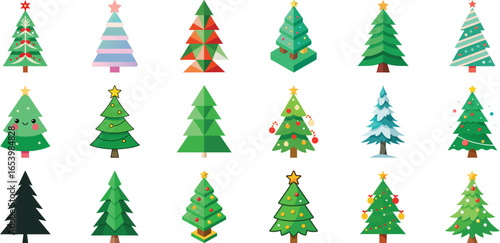 Collection of Festive Christmas Trees in Various Styles on a Black Background