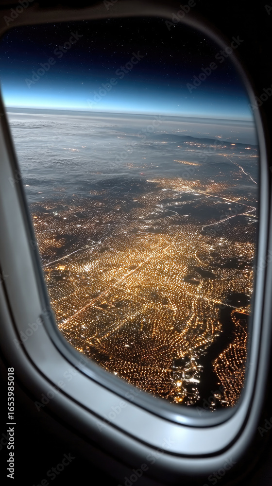 Naklejka premium Aerial cityscape night view, glowing urban lights, river, and horizon seen from airplane window, peaceful and mesmerizing