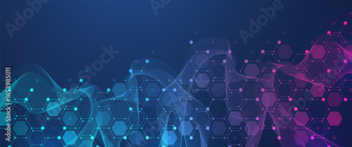 Molecular abstract structure and genetic engineering DNA. Healthcare and medicine background concept. Scientific research background. Wave flow. Innovation pattern. Vector illustration.