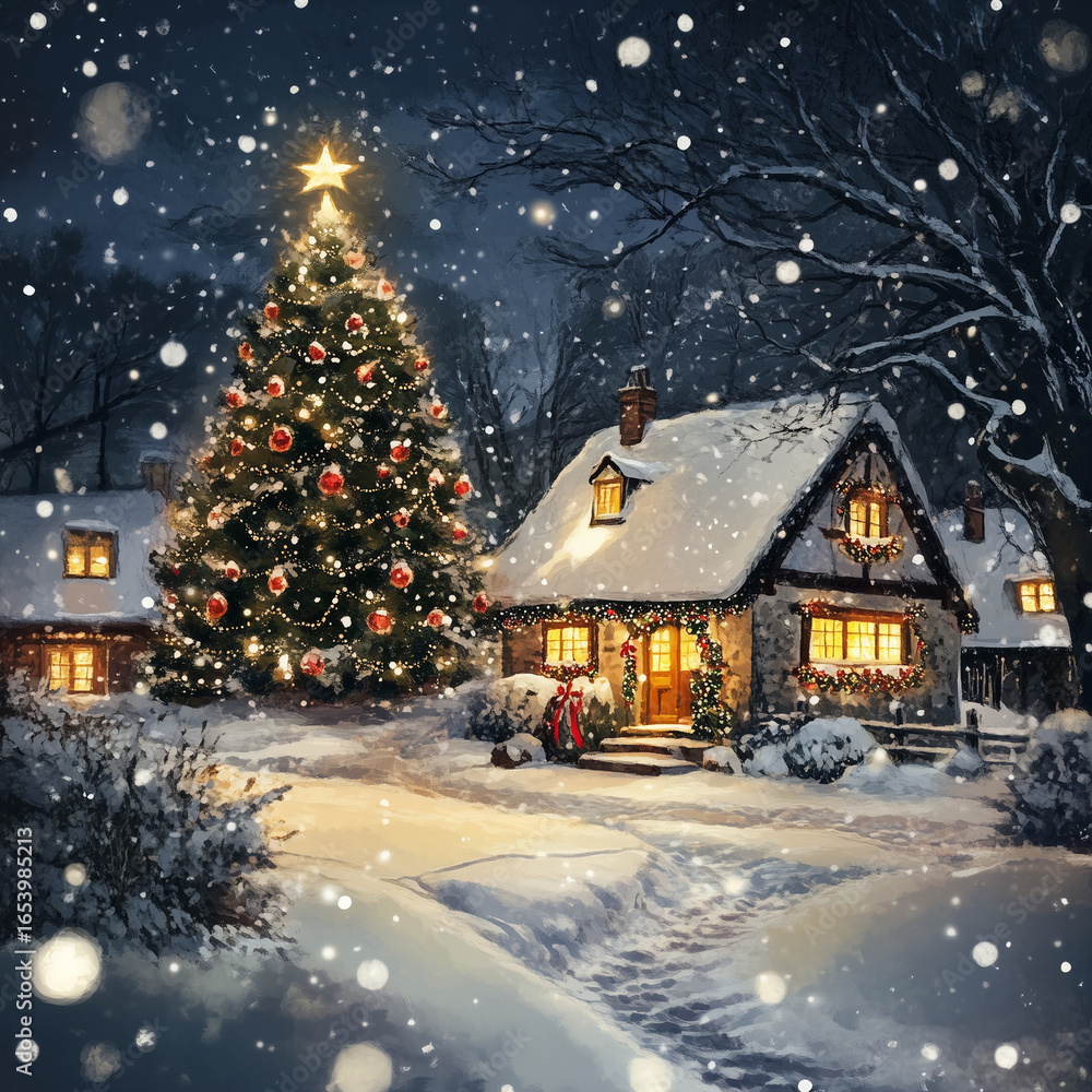 Fototapeta premium christmas, festive, illustration, background, winter, snow, xmas, season, celebration, scene, card, merry, cold, december, cute, landscape, gift, christmas tree, snowflake, tree, nature