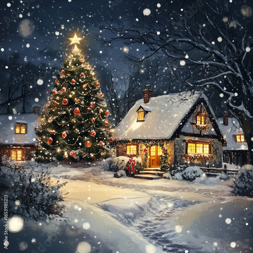 Wallpaper Mural christmas, festive, illustration, background, winter, snow, xmas, season, celebration, scene, card, merry, cold, december, cute, landscape, gift, christmas tree, snowflake, tree, nature Torontodigital.ca