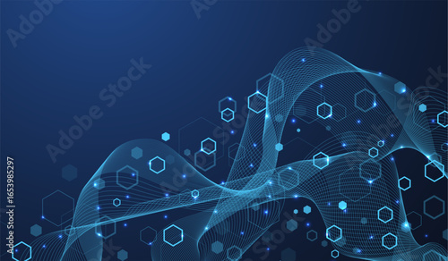 Molecular abstract structure and genetic engineering DNA. Healthcare and medicine background concept. Scientific research background. Wave flow. Innovation pattern. Vector illustration.