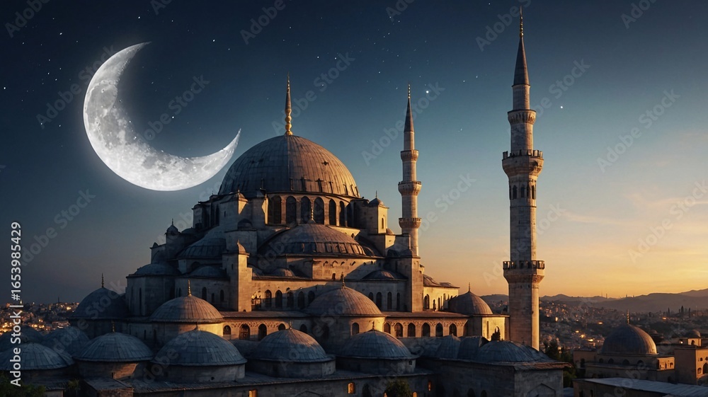 Naklejka premium Serene night over a grand mosque illuminated by the moonlight, featuring majestic domes and minarets under a starry sky.