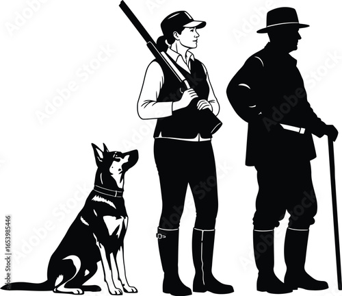 Hunting team vector illustration with dog and two hunters