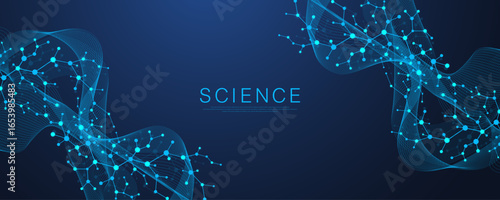 Molecular abstract structure and genetic engineering DNA. Healthcare and medicine background concept. Scientific research background. Wave flow. Innovation pattern. Vector illustration.