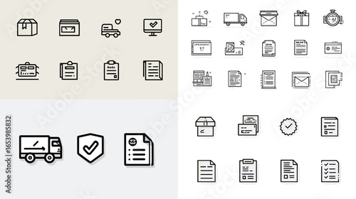 Modern linear icons set of shipping, delivery, and document management. Includes boxes, files, trucks, and reports representing logistics tracking, package verification, and business workflow.