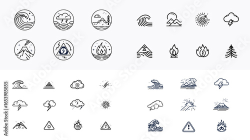 Clean outline icon collection depicting natural disasters and weather hazards. Includes waves, floods, volcano, fire, mountain, and storm symbols for safety, environment, and climate designs.