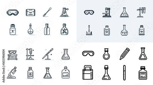 Science and chemistry laboratory icon collection with flasks, microscopes, beakers, and safety goggles in modern outline style. Perfect for research, education, and scientific illustration projects.