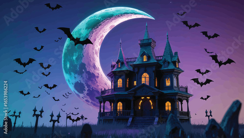 Halloween Spooky Castle: Eerie Moonlight Scene with Bats and Graveyard