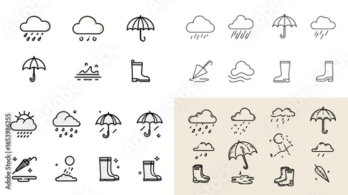 Weather and rain-themed icon set featuring umbrellas, boots, clouds, and raindrops in outline style. Perfect for meteorology, forecast, climate, and seasonal infographic design projects.