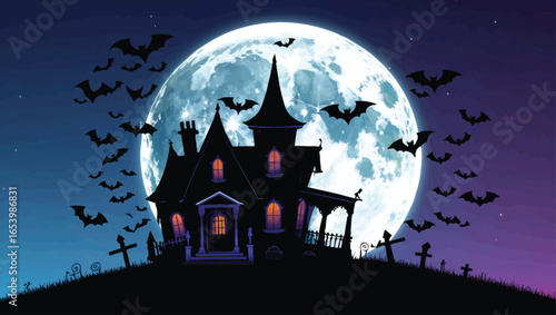 Halloween Spooky Castle: Eerie Moonlight Scene with Bats and Graveyard