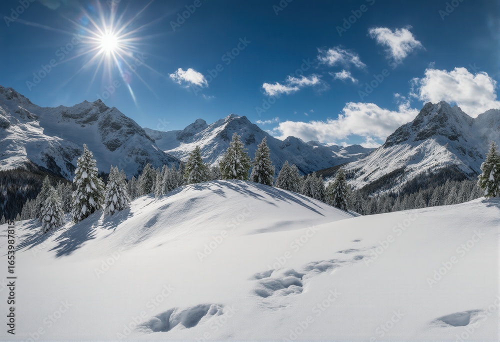 Fototapeta premium Snowy Mountain Landscape with Footprints Under a Bright Sun