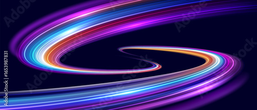 Modern abstract high speed movement. Dynamic motion light trails on dark blue background. Futuristic digital technology movement concept. Pattern for banner. Vector EPS10.