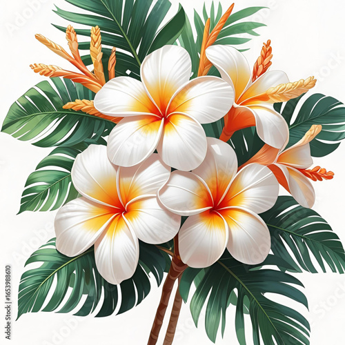 Tropical plumeria flowers with green leaves isolated on white background