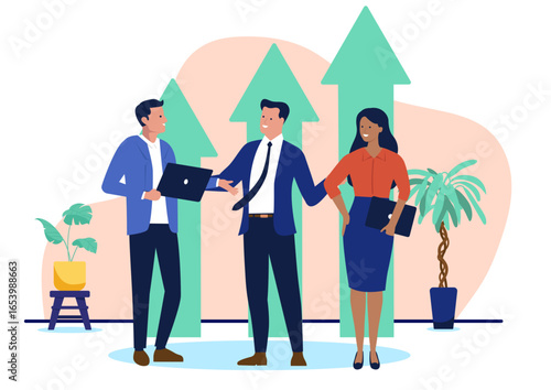 Three business people celebrating success and growth with a large upward arrow, representing profit, achievement, and business development in flat design vector illustration