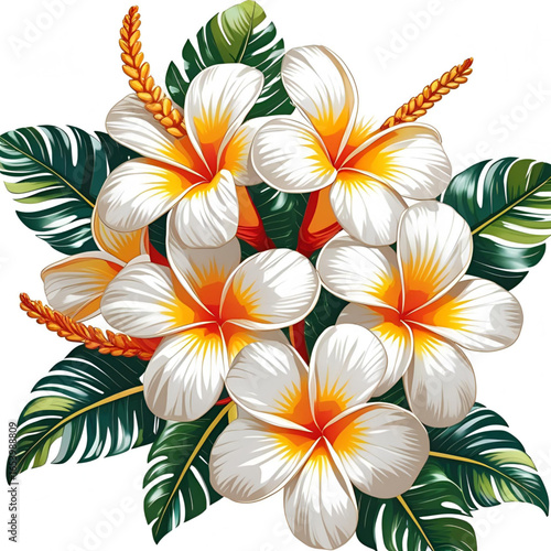 Tropical plumeria flower arrangement isolated on white background