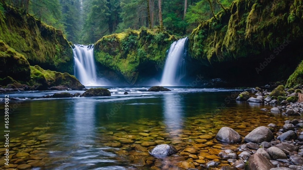 Fototapeta premium A serene forest scene featuring twin waterfalls cascading into a clear, rocky pool, surrounded by lush green foliage.