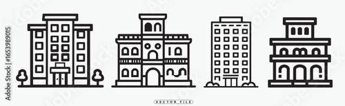 A set of four different city buildings in a simple line style