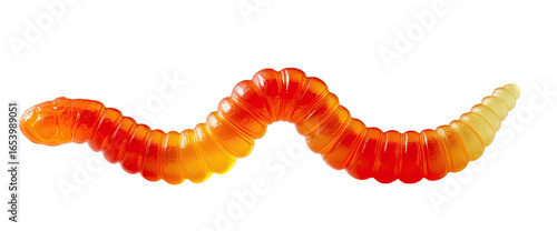 A vibrant, segmented, orange-red gummy worm against a black background