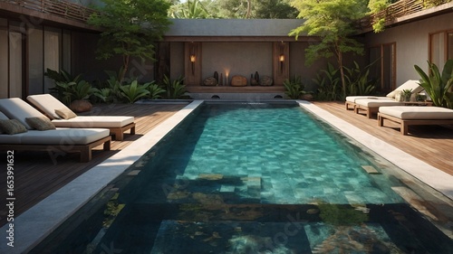 Wallpaper Mural Tranquil outdoor pool area with lounge chairs surrounded by lush greenery and warm lighting. Torontodigital.ca