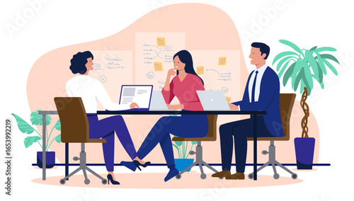 Three business people having a brainstorming meeting in an office, sitting around a table with laptops, discussing a project with notes on a whiteboard, flat design vector illustration