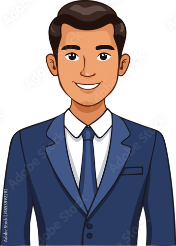 Cartoon illustration of a smiling man wearing a blue suit and tie.