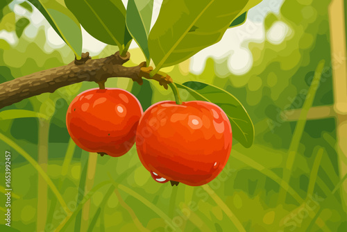 A close-up illustration of two bright red cherries hanging from a tree branch, surrounded by green leaves and grass. The cherries appear glossy and fresh, with a small droplet of water at the bottom, 