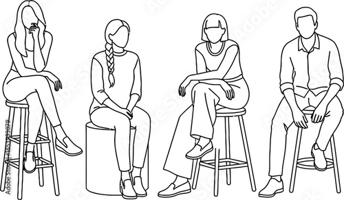 People sitting line art group drawing minimalist illustration