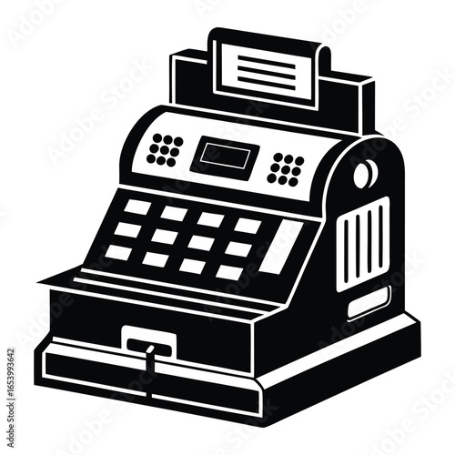 A colorful vector illustration of a cash register machine with a paper document printing out a receipt