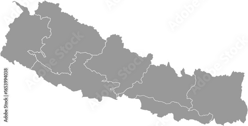 Grey silhouette map of Nepal with all provincial borders clearly outlined. A clean and detailed vector for geographic and regional analysis.

