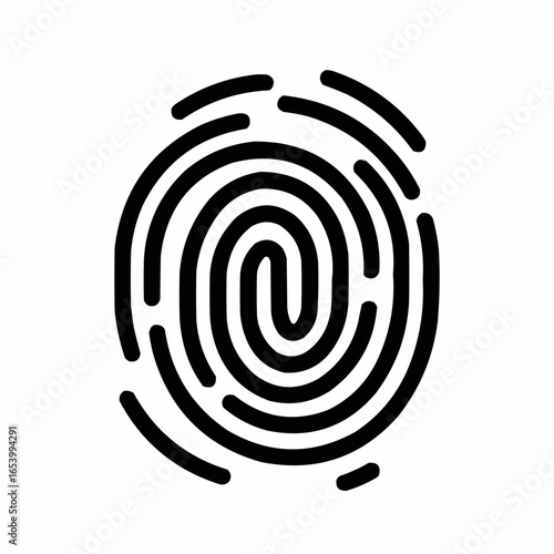 A black and white illustration of a human fingerprint, showing intricate ridge patterns.