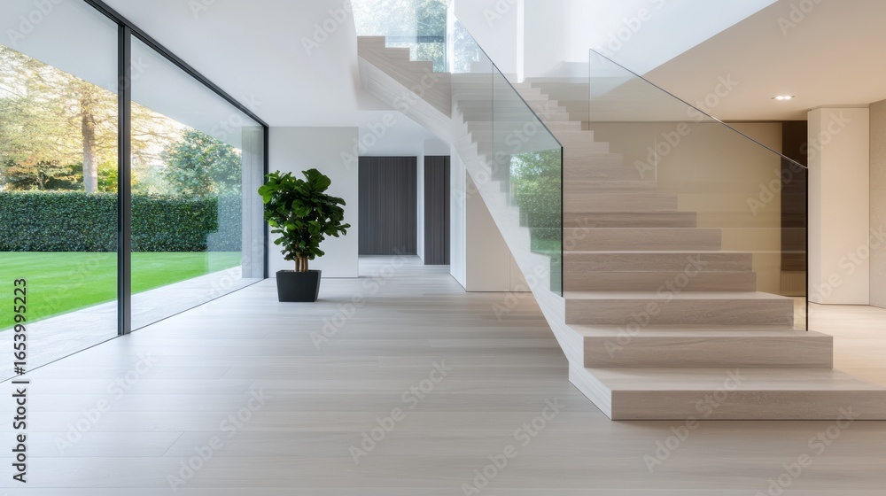 Fototapeta premium Modern minimalist interior design with staircase and large glass windows in bright space